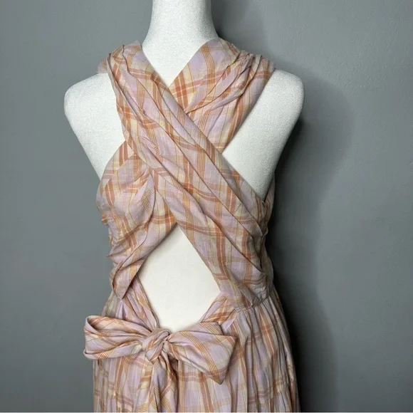 ULLA JOHNSON Noelle Crossover Halter Back-Tie Midi Plaid Dress NEW - Picture 7 of 14